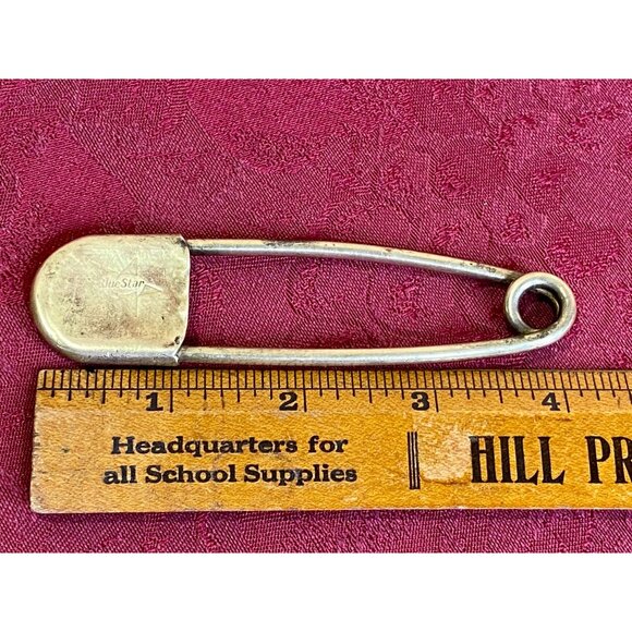 Vintage Risdon Blue Star Giant Safety Pin Key Tag 4" x 1" Brass - Picture 5 of 6